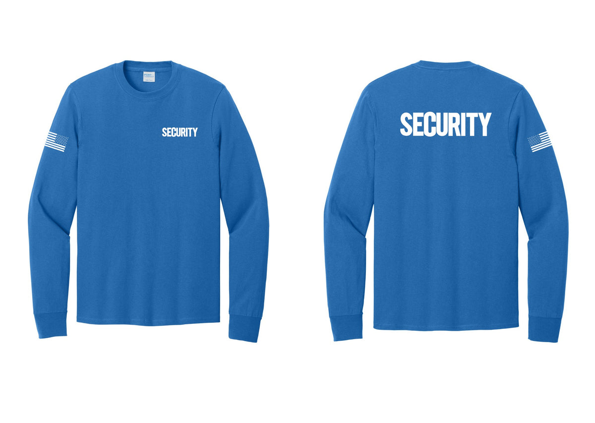 NYC Factory Men's Security Cotton Long Sleeve T-Shirt - Chest + Back + US Flag Sleeve - Royal