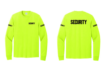 NYC Factory Men's Security Cotton Long Sleeve T-Shirt - Chest + Back + Security Sleeves - Safety Green