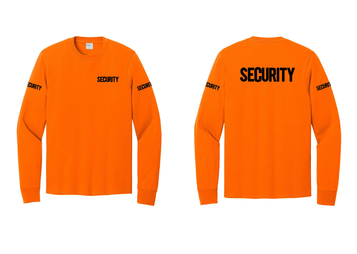 NYC Factory Men's Security Cotton Long Sleeve T-Shirt - Chest + Back + Security Sleeves - Safety Orange