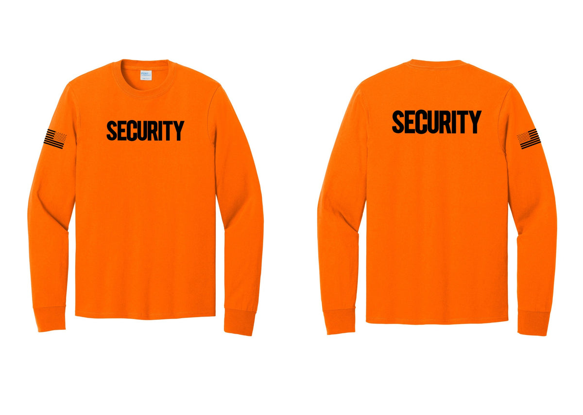 NYC Factory Men's Security Cotton Long Sleeve T-Shirt - Front + Back + US Flag Sleeve - Safety Orange
