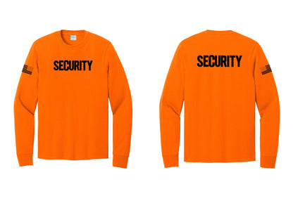 NYC Factory Men's Security Cotton Long Sleeve T-Shirt - Front + Back + US Flag Sleeve - Safety Orange