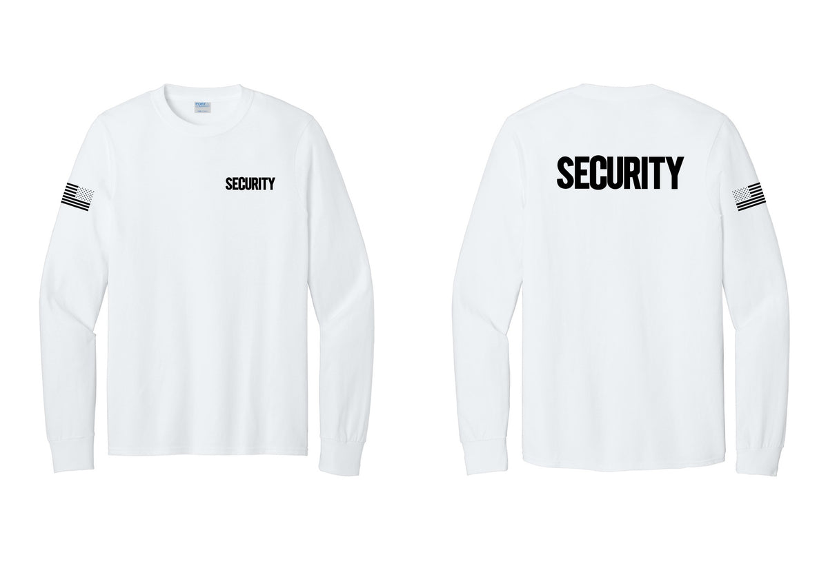 NYC Factory Men's Security Cotton Long Sleeve T-Shirt - Chest + Back + US Flag Sleeve - White