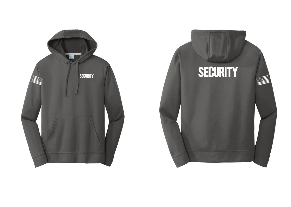 NYC Factory Men's Security Hooded Sweatshirt - Chest + Back + US Flag Sleeve - Charcoal