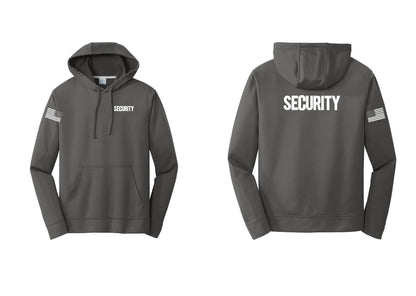 NYC Factory Men's Security Hooded Sweatshirt - Chest + Back + US Flag Sleeve - Charcoal