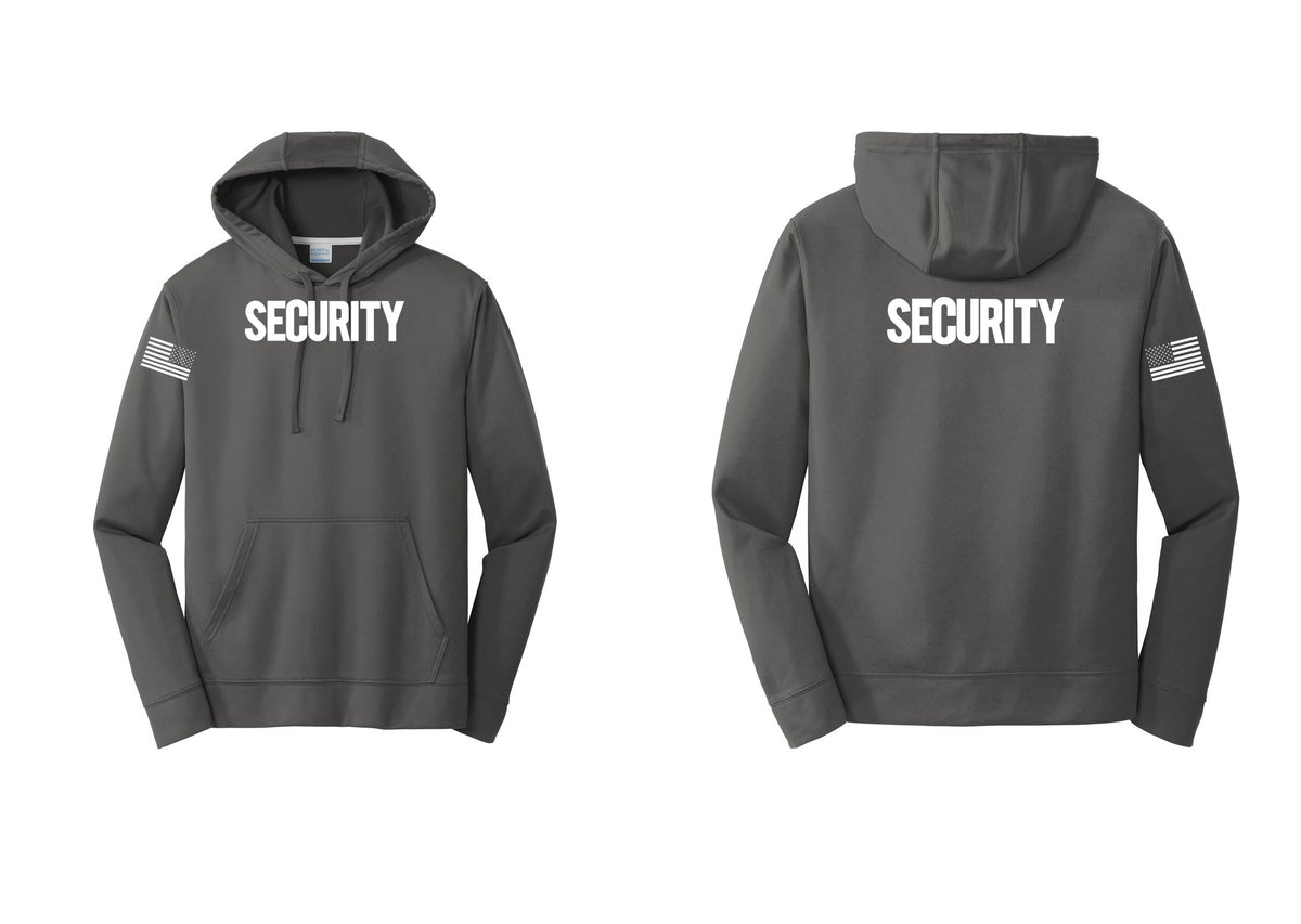 NYC Factory Men's Security Hooded Sweatshirt - Front + Back + US Flag Sleeve - Charcoal