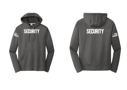 NYC Factory Men's Security Hooded Sweatshirt - Front + Back + US Flag Sleeve - Charcoal