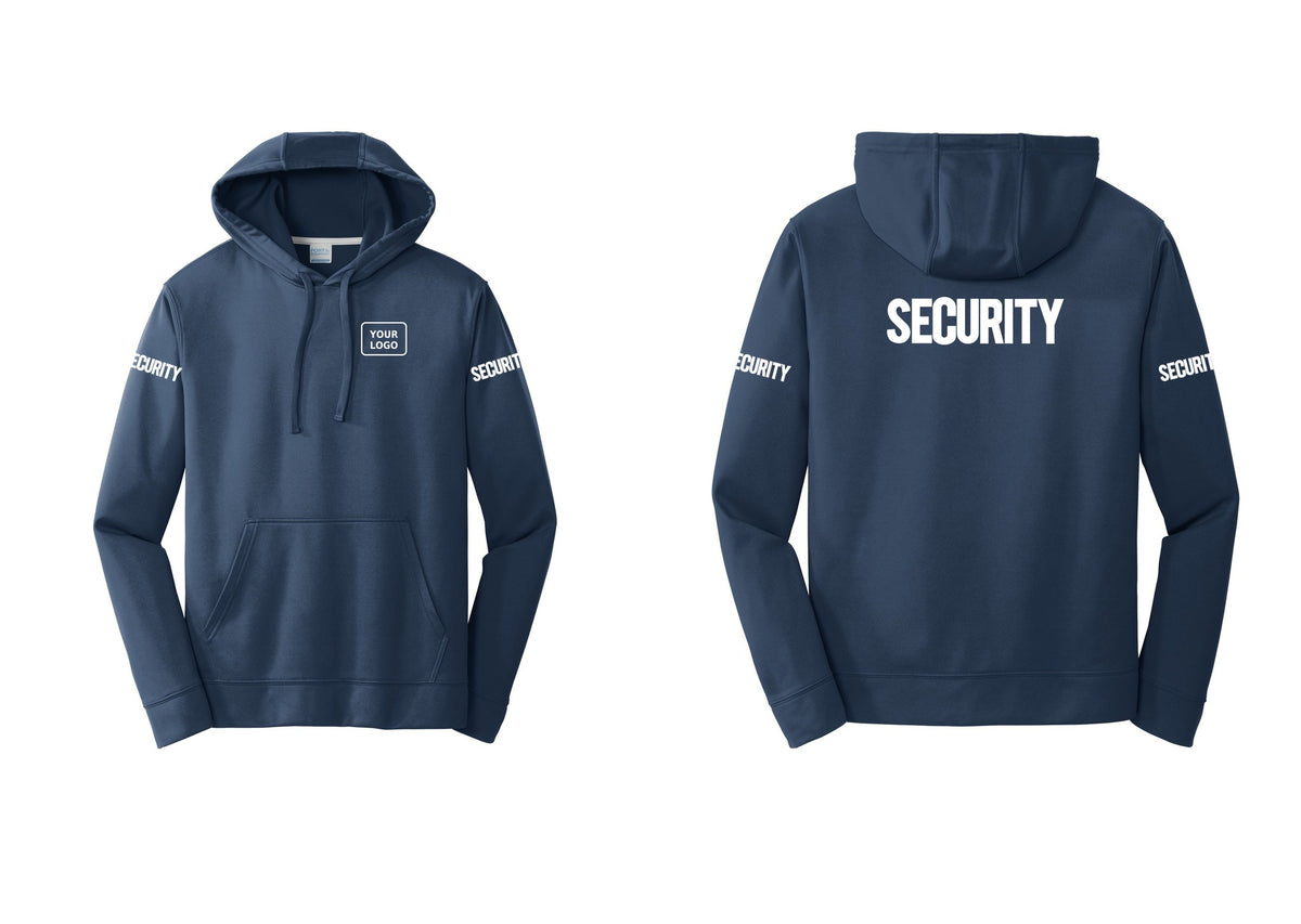NYC Factory Men's Custom Logo Security Performance Fleece Hooded Sweatshirt - Your Logo + Back + Security Sleeves - Navy