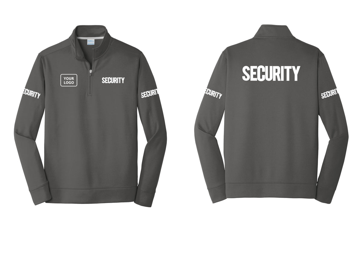 NYC Factory Men's Custom Logo Security Performance Fleece 1/4-Zip Pullover Sweatshirt - SECURITY + Your Logo + Back + Security Sleeves - Charcoal