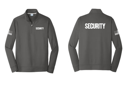 NYC Factory Men's Security Performance Fleece 1/4-Zip Pullover Sweatshirt - Chest + Back + US Flag Sleeve - Charcoal