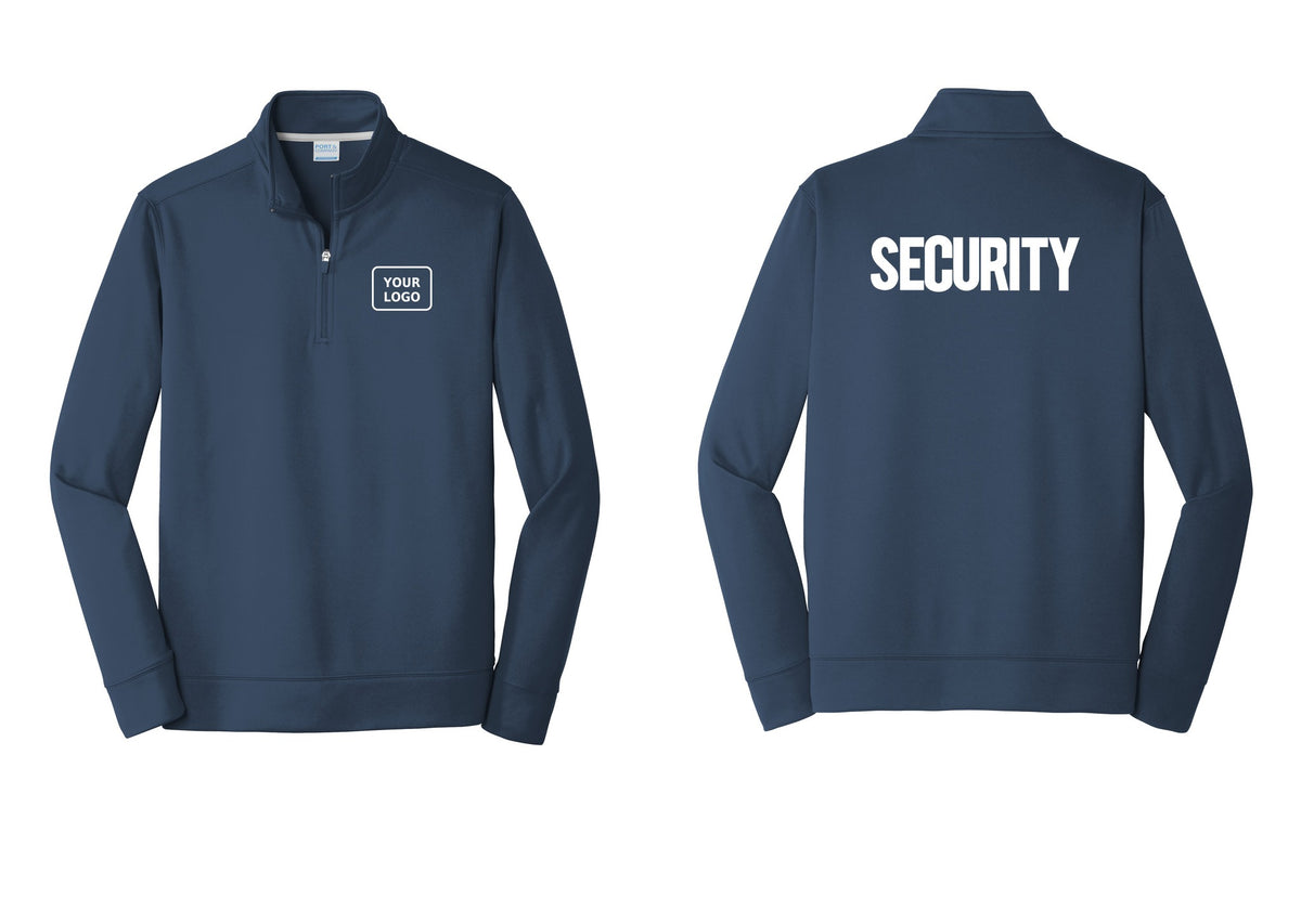 NYC Factory Men's Custom Logo Security Performance Fleece 1/4-Zip Pullover Sweatshirt - Your Logo + Back - Navy