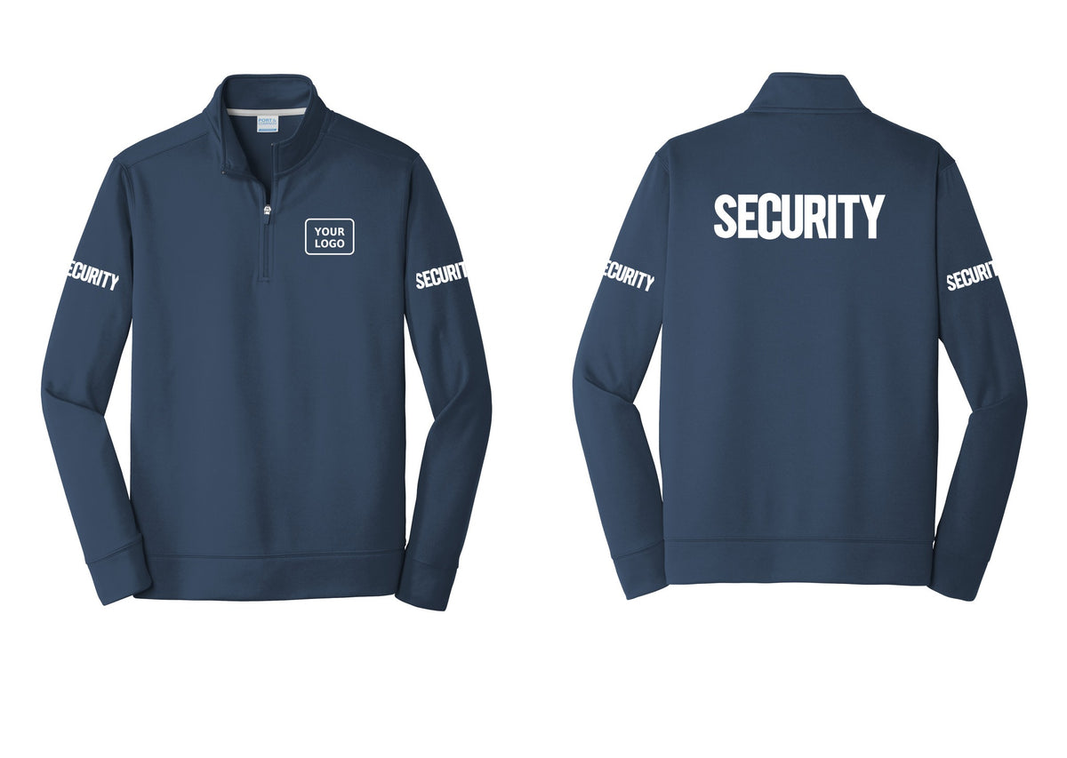 NYC Factory Men's Custom Logo Security Performance Fleece 1/4-Zip Pullover Sweatshirt - Your Logo + Back + Security Sleeves - Navy