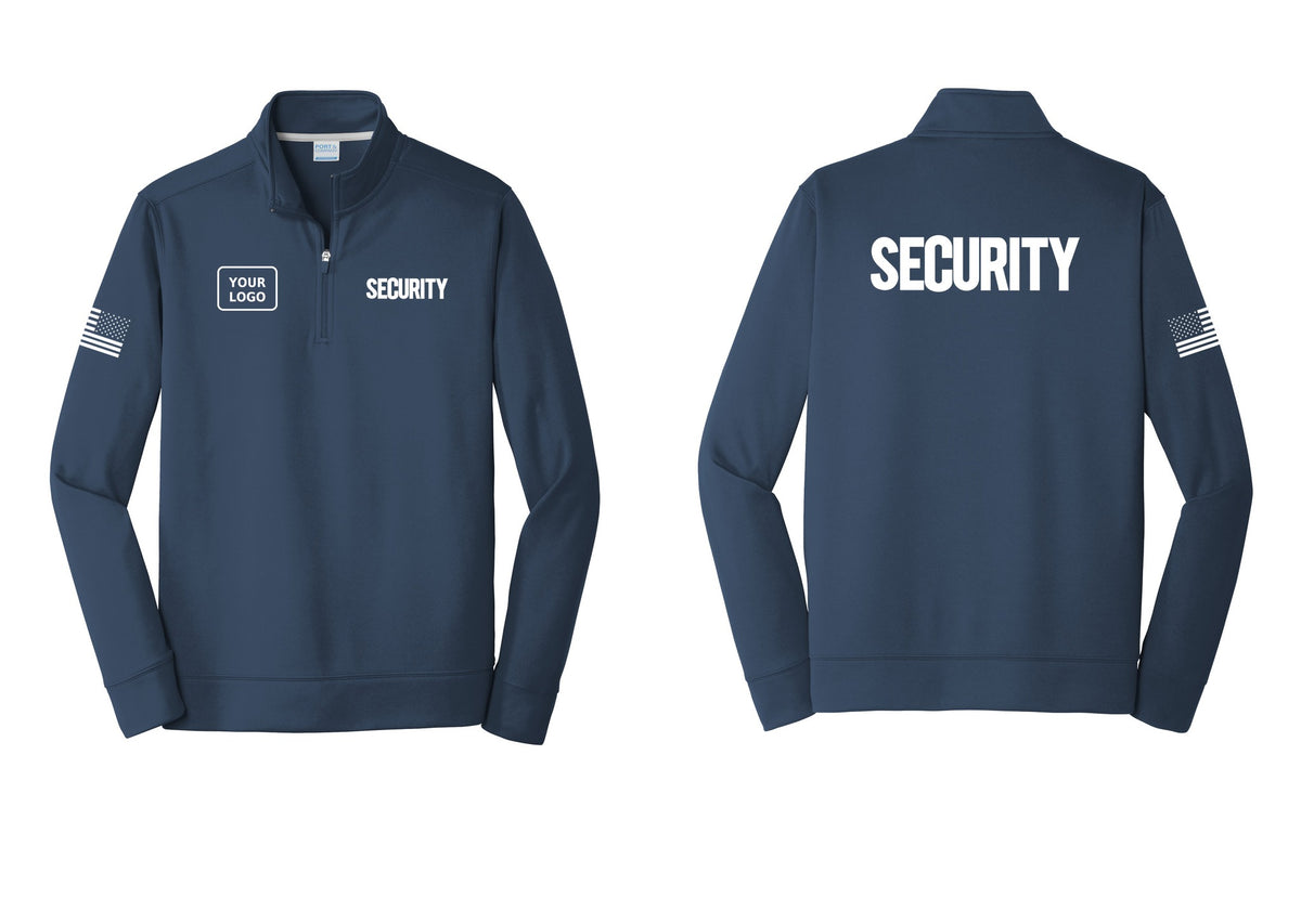 NYC Factory Men's Custom Logo Security Performance Fleece 1/4-Zip Pullover Sweatshirt - SECURITY + Your Logo + Back + US Flag Sleeve - Navy