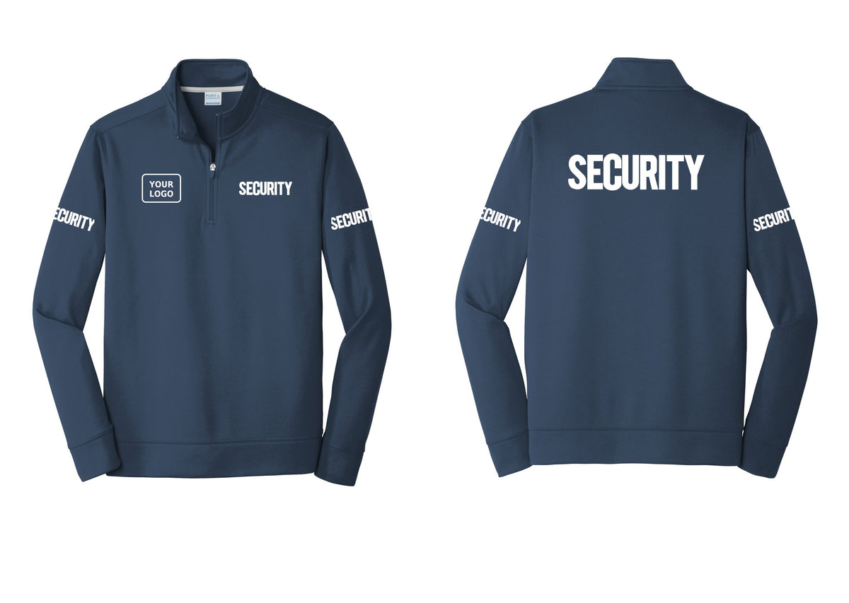 NYC Factory Men's Custom Logo Security Performance Fleece 1/4-Zip Pullover Sweatshirt - SECURITY + Your Logo + Back + Security Sleeves - Navy