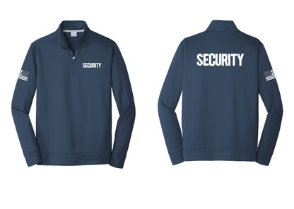 NYC Factory Men's Security Performance Fleece 1/4-Zip Pullover Sweatshirt - Chest + Back + US Flag Sleeve - Navy