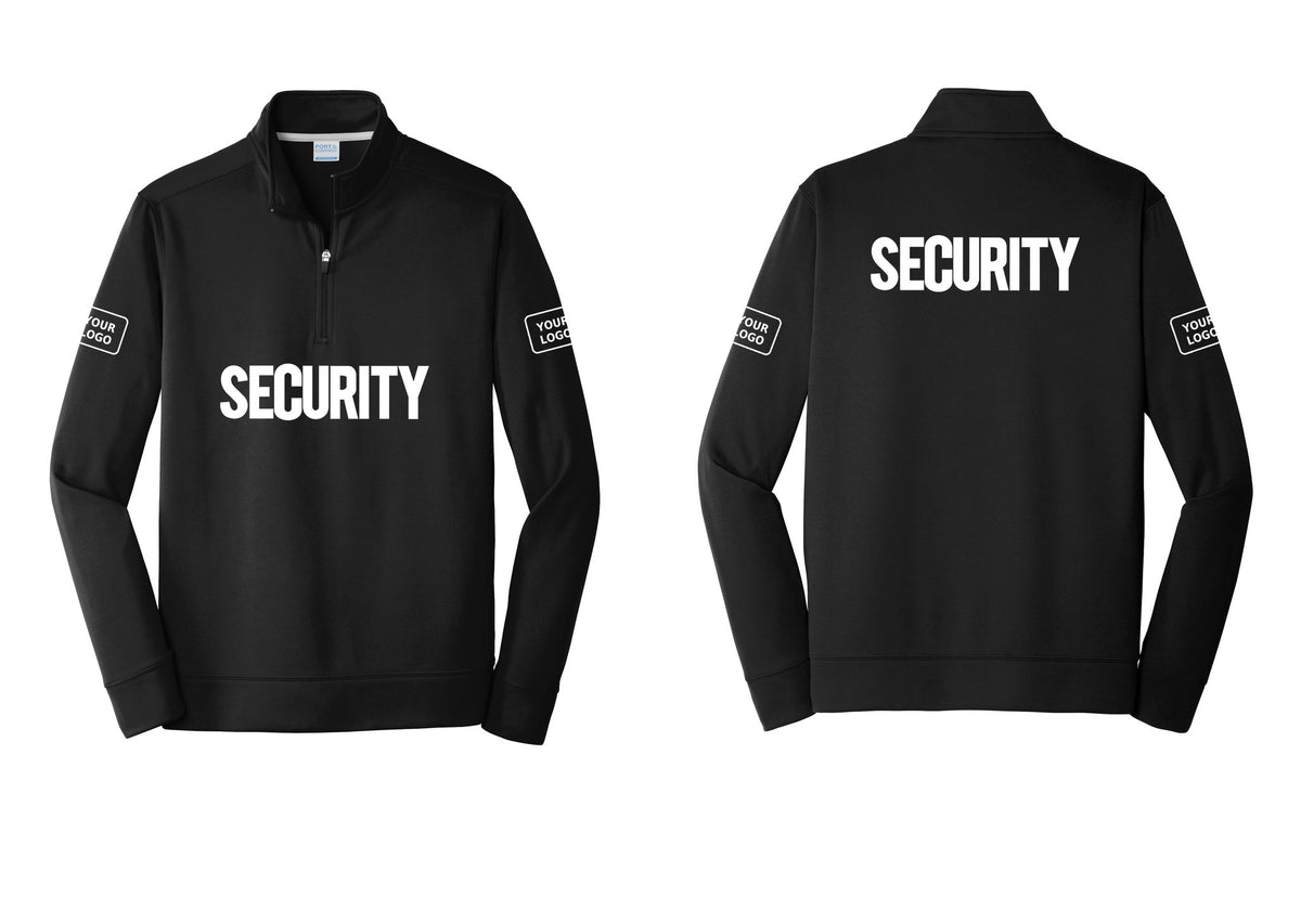 NYC Factory Men's Custom Logo Security Performance Fleece 1/4-Zip Pullover Sweatshirt - Front + Back + Your Logo Sleeves - Black