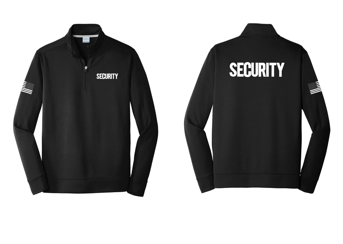 NYC Factory Men's Security Performance Fleece 1/4-Zip Pullover Sweatshirt - Chest + Back + US Flag Sleeve - Black