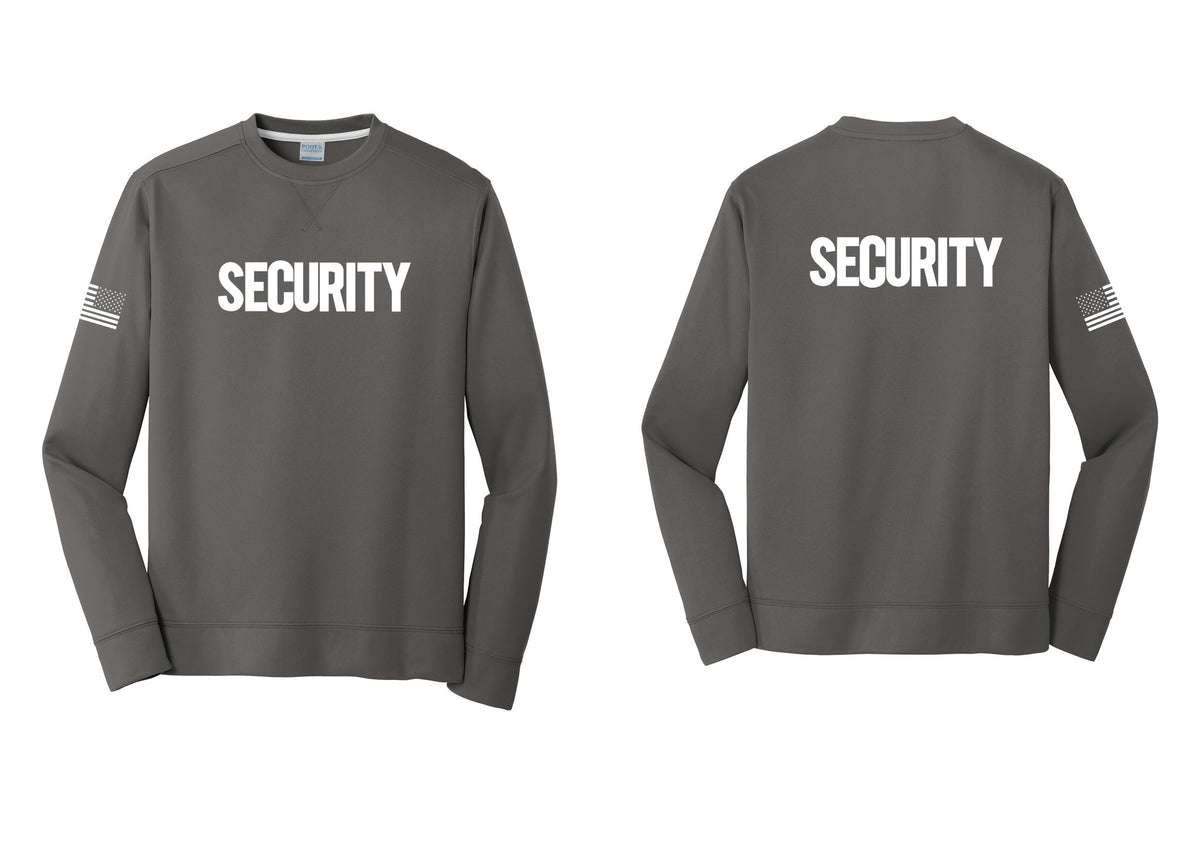 NYC Factory Men's Security Performance Fleece Crewneck Sweatshirt - Front + Back + US Flag Sleeve - Charcoal