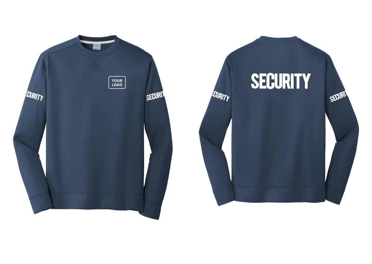 NYC Factory Men's Custom Logo Security Performance Fleece Crewneck Sweatshirt - Your Logo + Back + Security Sleeves - Navy