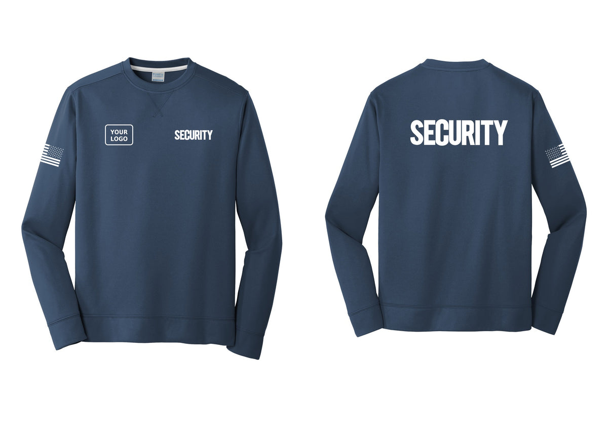 NYC Factory Men's Custom Logo Security Performance Fleece Crewneck Sweatshirt - SECURITY + Your Logo + Back + US Flag Sleeve - Navy