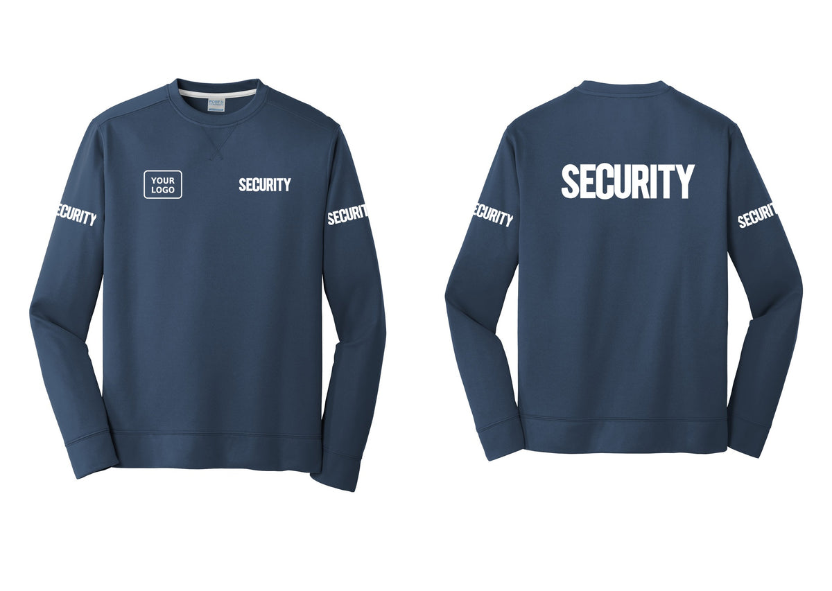 NYC Factory Men's Custom Logo Security Performance Fleece Crewneck Sweatshirt - SECURITY + Your Logo + Back + Security Sleeves - Navy