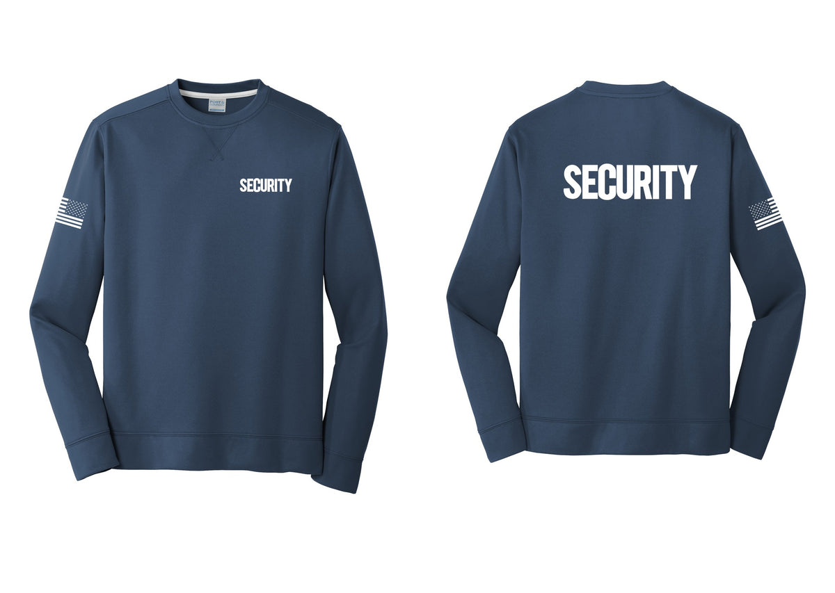 NYC Factory Men's Security Performance Fleece Crewneck Sweatshirt - Chest + Back + US Flag Sleeve - Navy