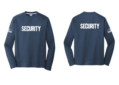 NYC Factory Men's Security Performance Fleece Crewneck Sweatshirt - Front + Back + US Flag Sleeve - Navy