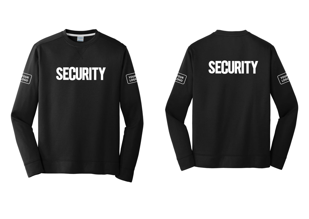 NYC Factory Men's Custom Logo Security Performance Fleece Crewneck Sweatshirt - Front + Back + Your Logo Sleeves - Black