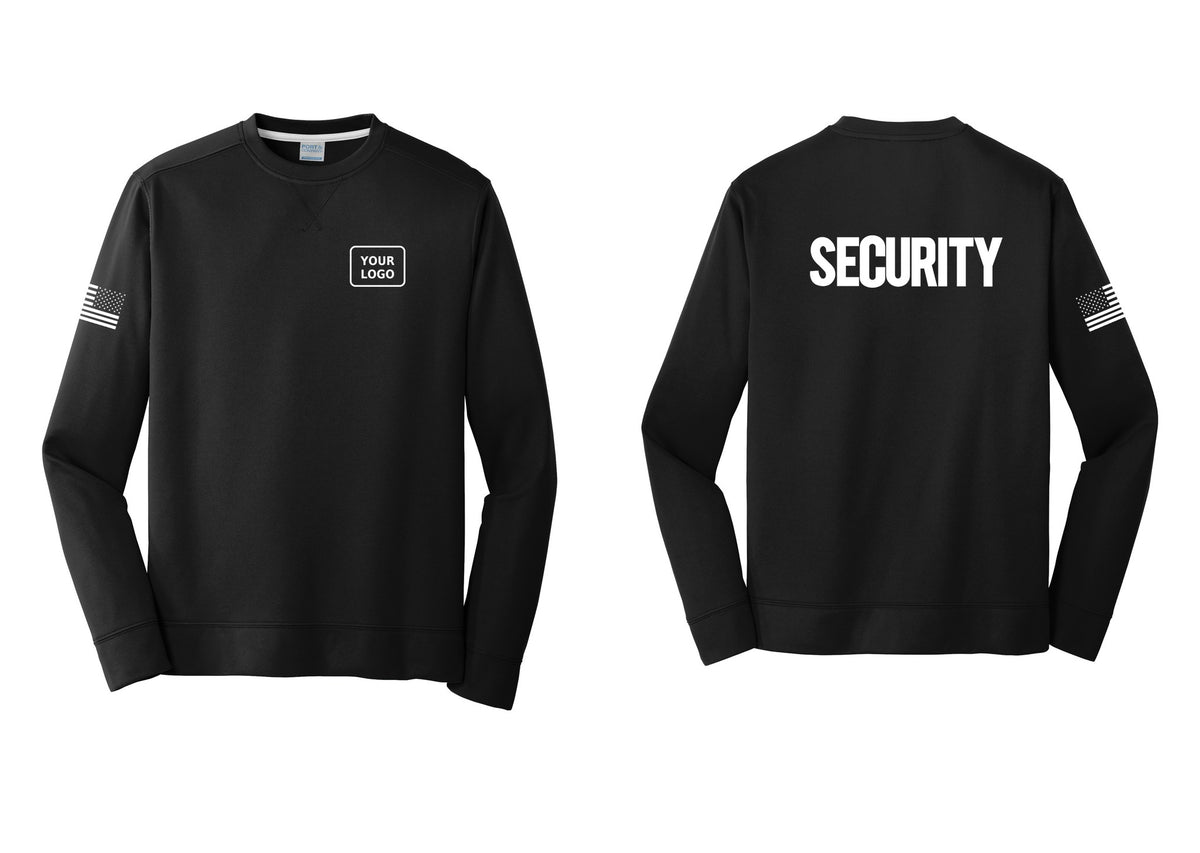 NYC Factory Men's Custom Logo Security Performance Fleece Crewneck Sweatshirt - Your Logo + Back + US Flag Sleeve - Black