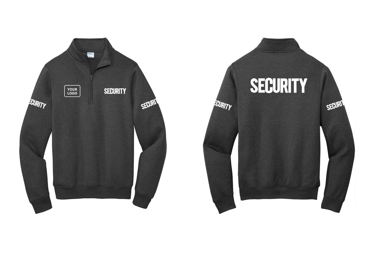 NYC Factory Men's Custom Logo Security Cotton Fleece 1/4-Zip Pullover Sweatshirt - SECURITY + Your Logo + Back + Security Sleeves - Dark Heather Grey