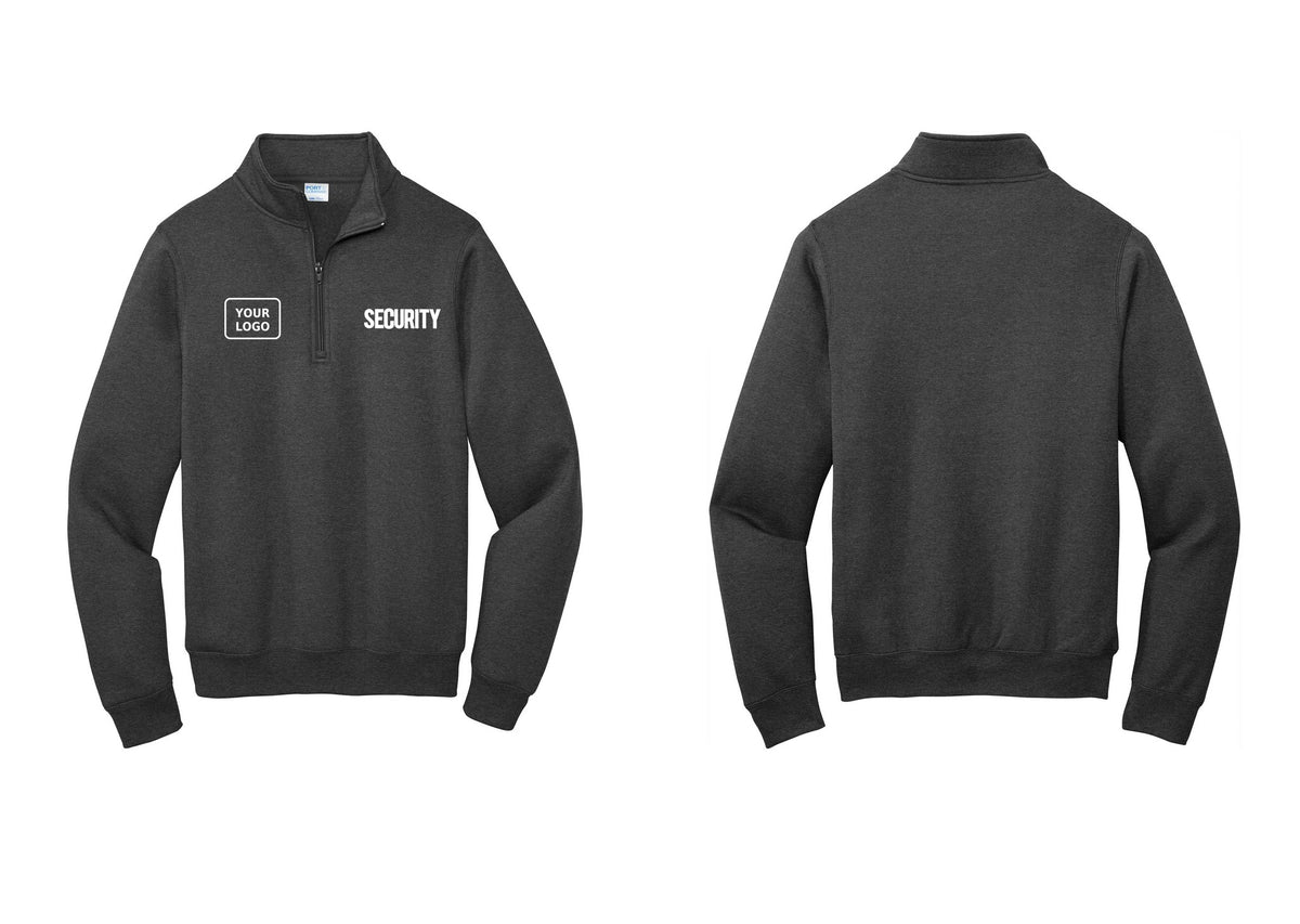 NYC Factory Men's Custom Logo Security Cotton Fleece 1/4-Zip Pullover Sweatshirt - SECURITY + Your Logo - Dark Heather Grey