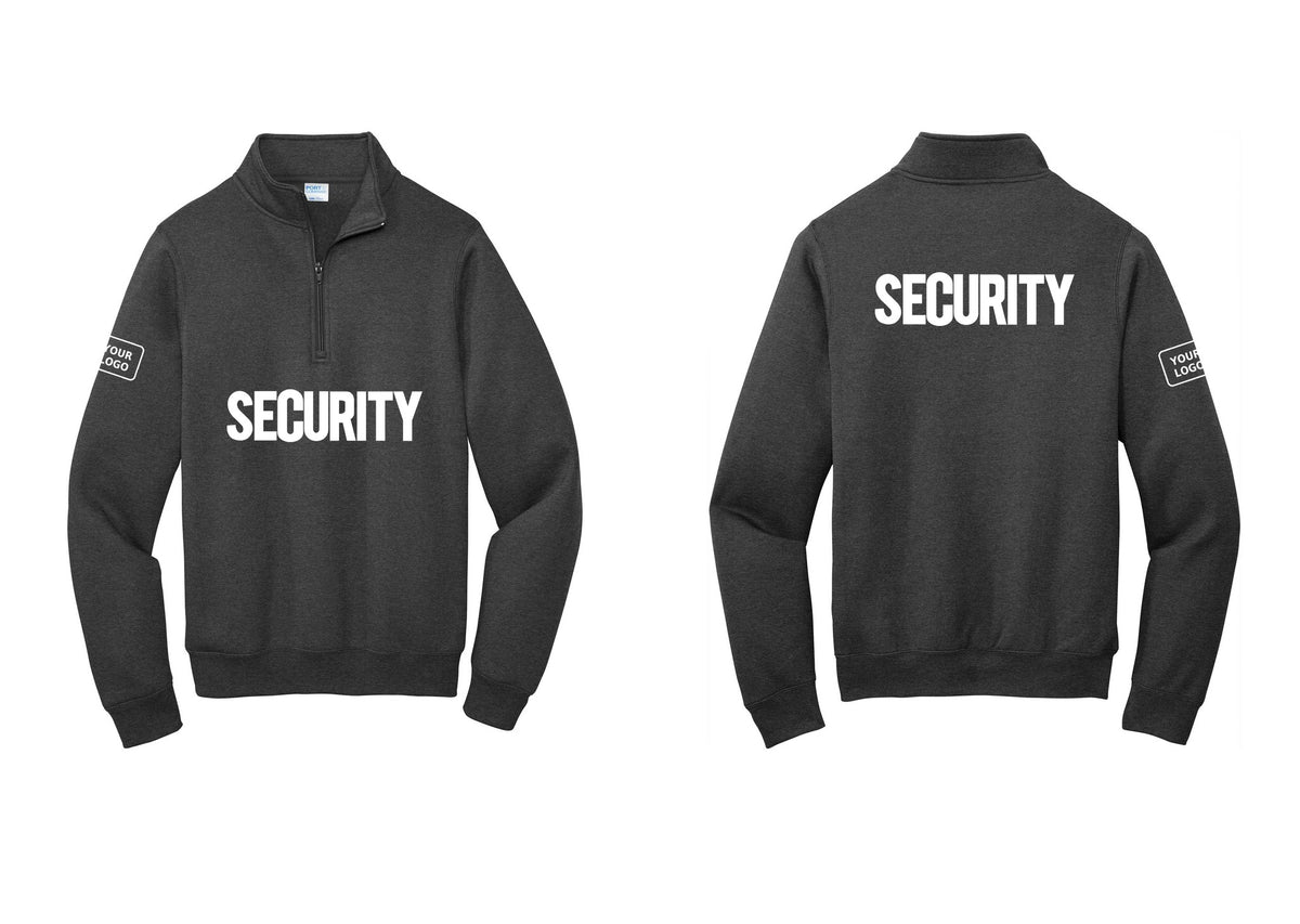 NYC Factory Men's Custom Logo Security Cotton Fleece 1/4-Zip Pullover Sweatshirt - Front + Back + Your Logo Sleeve - Dark Heather Grey