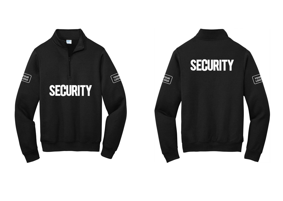 NYC Factory Men's Custom Logo Security Cotton Fleece 1/4-Zip Pullover Sweatshirt - Front + Back + Your Logo Sleeves - Black