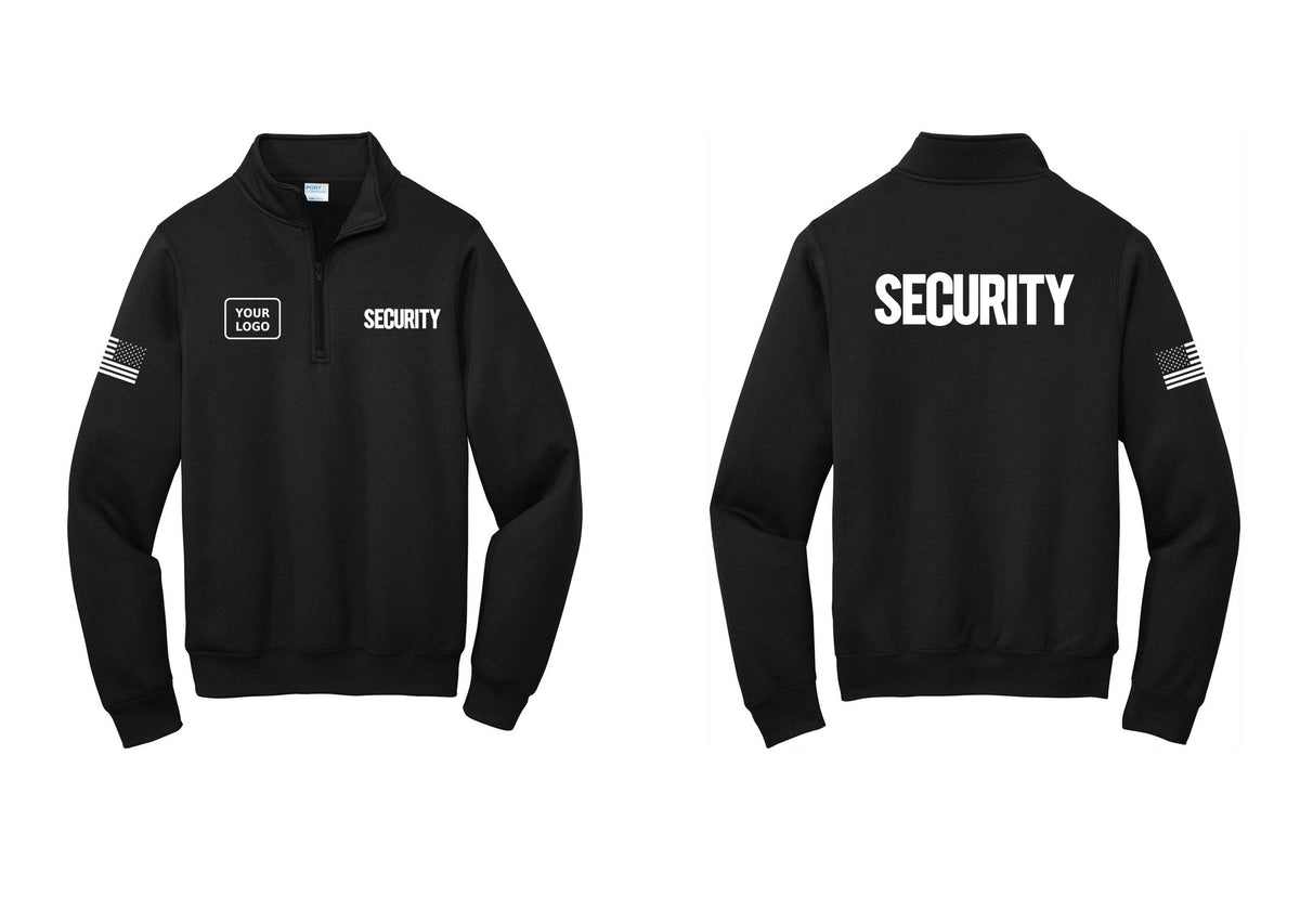 NYC Factory Men's Custom Logo Security Cotton Fleece 1/4-Zip Pullover Sweatshirt - SECURITY + Your Logo + Back + US Flag Sleeve - Black