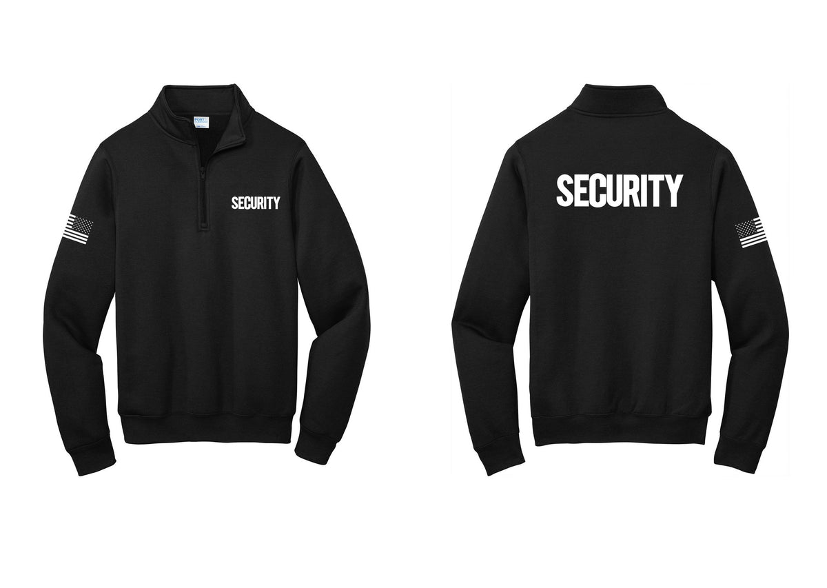 NYC Factory Men's Security Cotton Fleece 1/4-Zip Pullover Sweatshirt - Chest + Back + US Flag Sleeve - Black