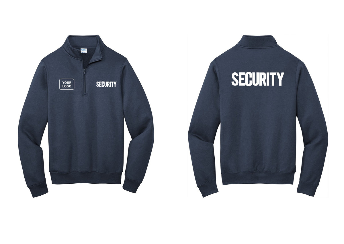 NYC Factory Men's Custom Logo Security Cotton Fleece 1/4-Zip Pullover Sweatshirt - SECURITY + Your Logo + Back - Navy