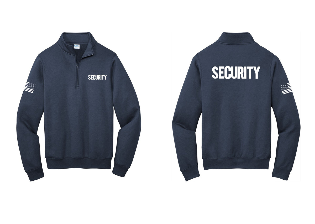 NYC Factory Men's Security Cotton Fleece 1/4-Zip Pullover Sweatshirt - Chest + Back + US Flag Sleeve - Navy