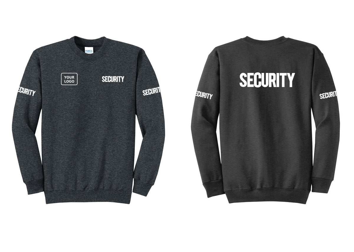 NYC Factory Men's Custom Logo Security Cotton Fleece Crewneck Sweatshirt - SECURITY + Your Logo + Back + Security Sleeves - Dark Heather Grey