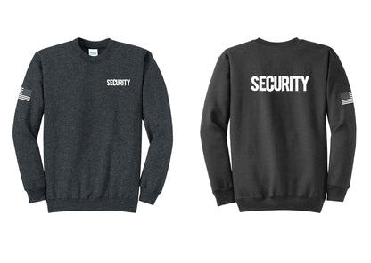 NYC Factory Men's Security Cotton Fleece Crewneck Sweatshirt - Chest + Back + US Flag Sleeve - Dark Heather Grey