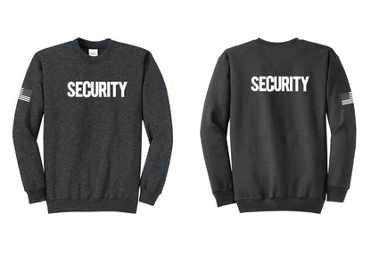 NYC Factory Men's Security Cotton Fleece Crewneck Sweatshirt - Front + Back + US Flag Sleeve - Dark Heather Grey