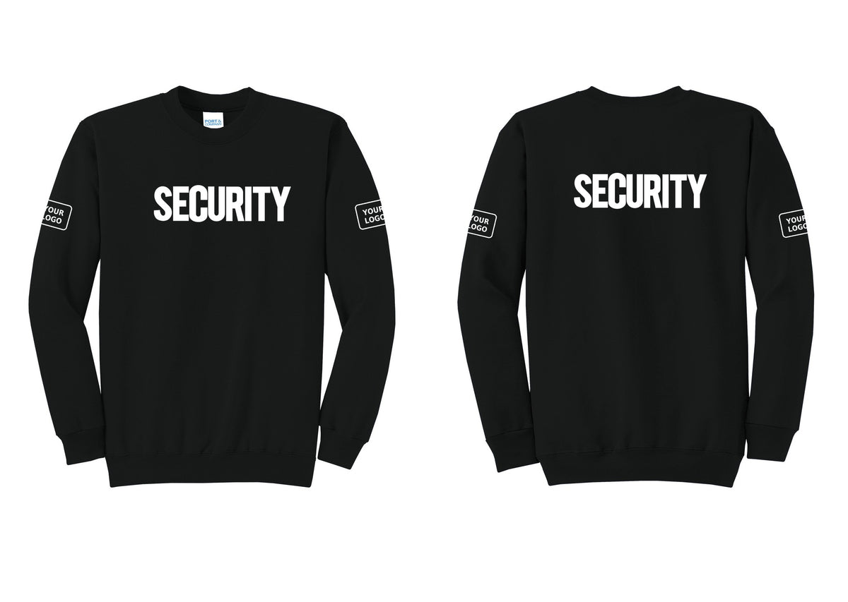 NYC Factory Men's Custom Logo Security Cotton Fleece Crewneck Sweatshirt - Front + Back + Your Logo Sleeves - Black