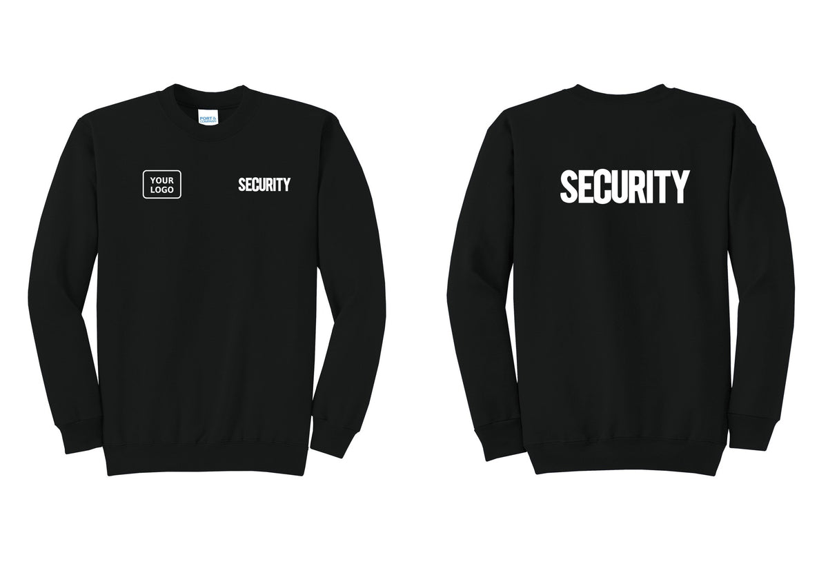 NYC Factory Men's Custom Logo Security Cotton Fleece Crewneck Sweatshirt - SECURITY + Your Logo + Back - Black