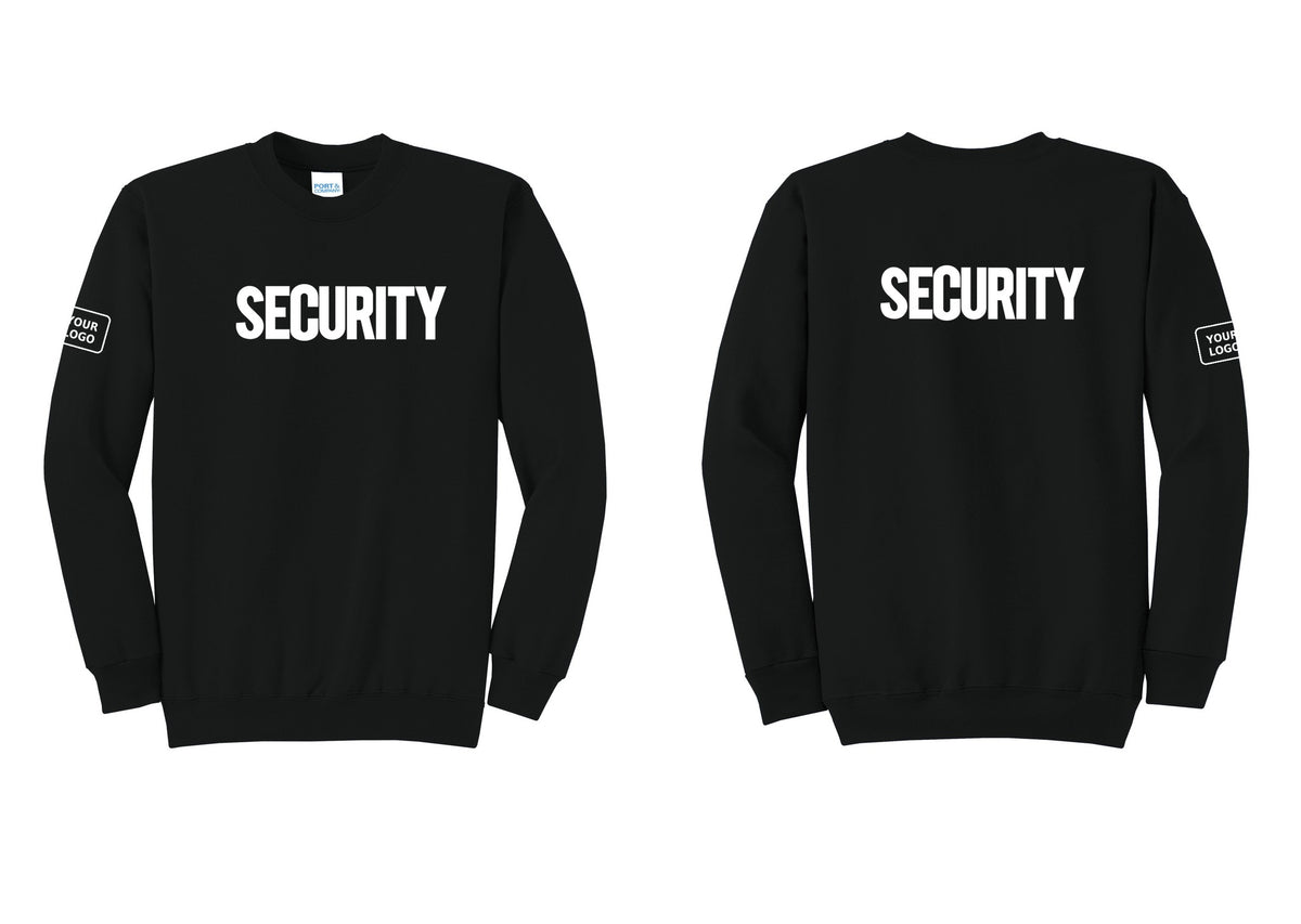 NYC Factory Men's Custom Logo Security Cotton Fleece Crewneck Sweatshirt - Front + Back + Your Logo Sleeve - Black