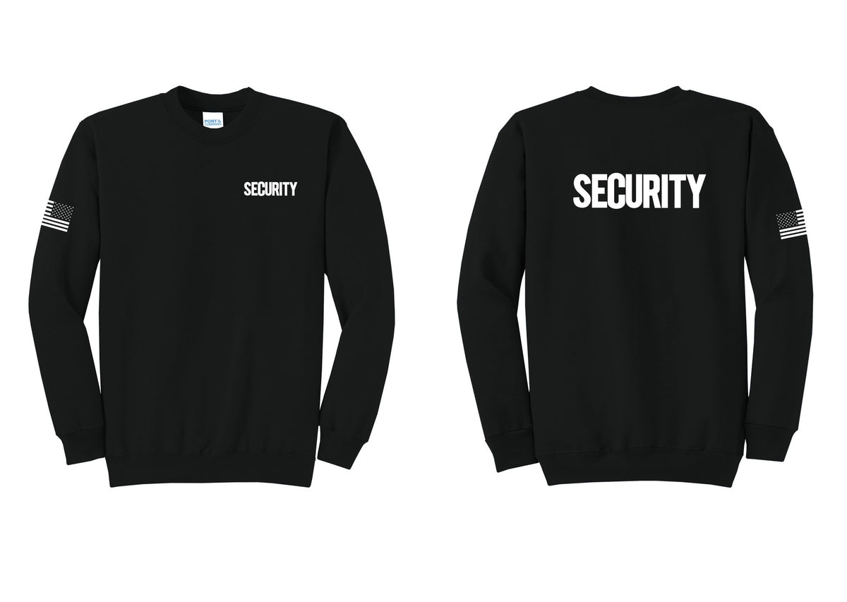 NYC Factory Men's Security Cotton Fleece Crewneck Sweatshirt - Chest + Back + US Flag Sleeve - Black