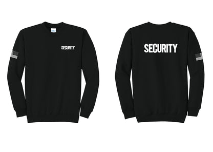 NYC Factory Men's Security Cotton Fleece Crewneck Sweatshirt - Chest + Back + US Flag Sleeve - Black