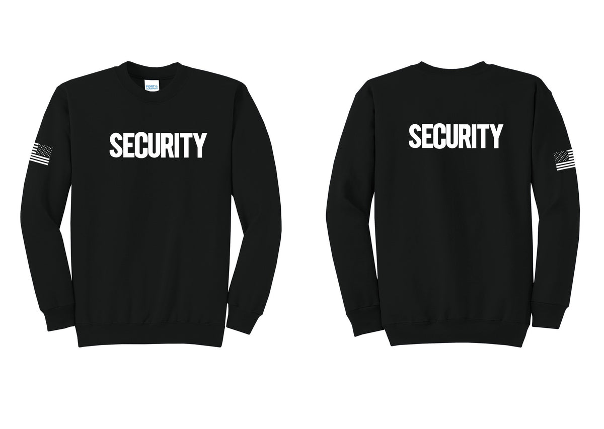 NYC Factory Men's Security Cotton Fleece Crewneck Sweatshirt - Front + Back + US Flag Sleeve - Black