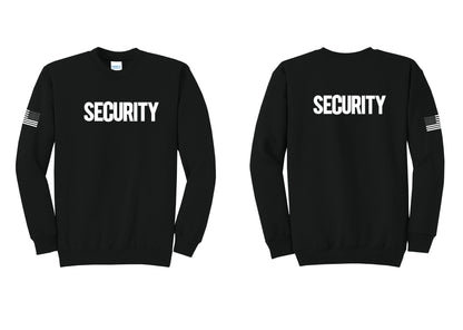 NYC Factory Men's Security Cotton Fleece Crewneck Sweatshirt - Front + Back + US Flag Sleeve - Black