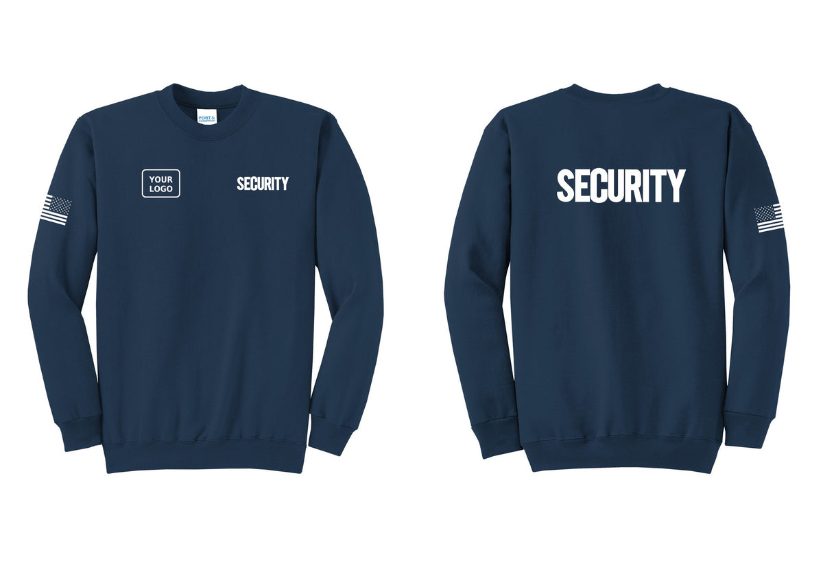 NYC Factory Men's Custom Logo Security Cotton Fleece Crewneck Sweatshirt - SECURITY + Your Logo + Back + US Flag Sleeve - Navy