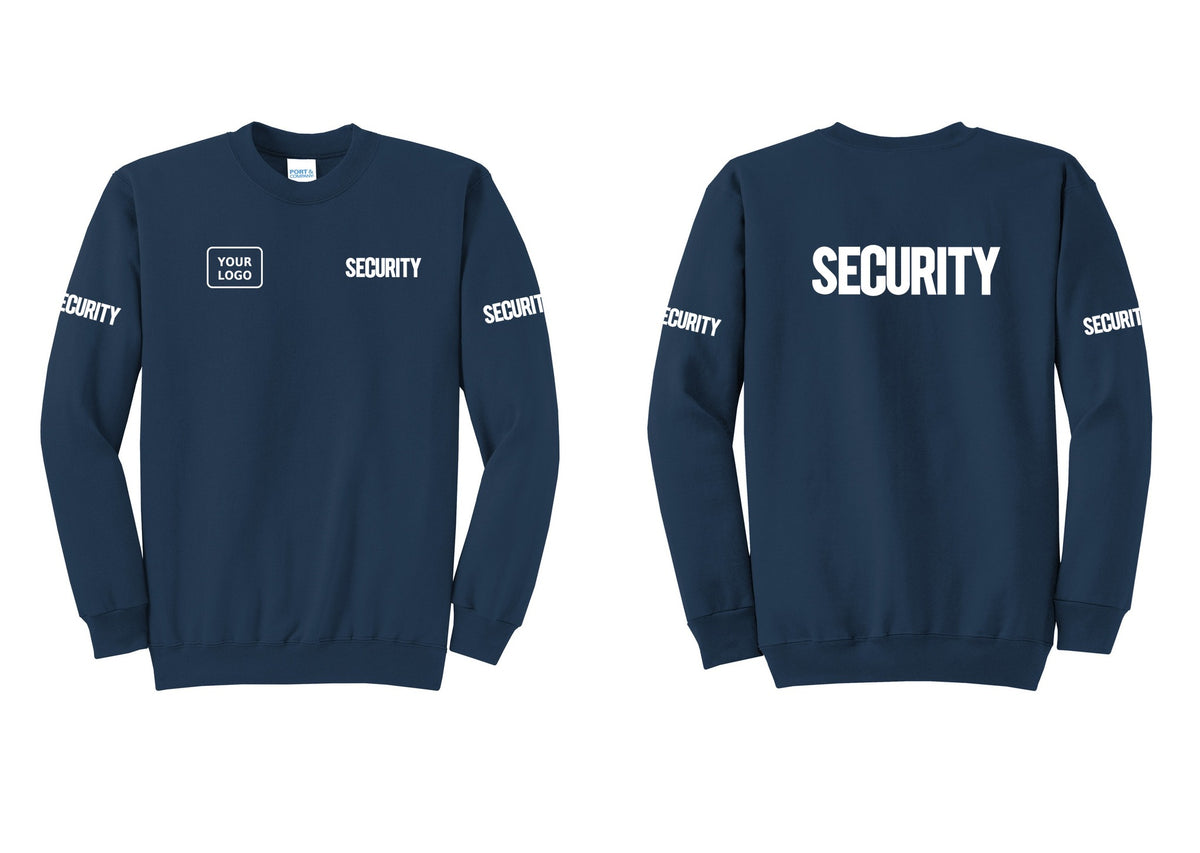 NYC Factory Men's Custom Logo Security Cotton Fleece Crewneck Sweatshirt - SECURITY + Your Logo + Back + Security Sleeves - Navy