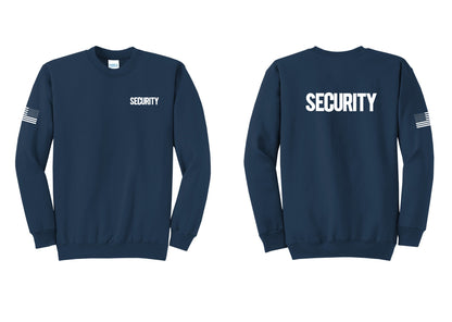 NYC Factory Men's Security Cotton Fleece Crewneck Sweatshirt - Chest + Back + US Flag Sleeve - Navy