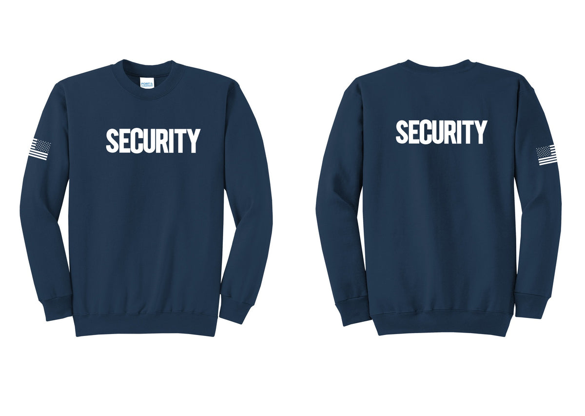 NYC Factory Men's Security Cotton Fleece Crewneck Sweatshirt - Front + Back + US Flag Sleeve - Navy